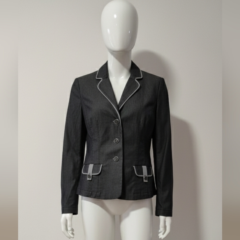 Simon Chang Denim Charcoal Blazer with Light Gray Trim Size 4